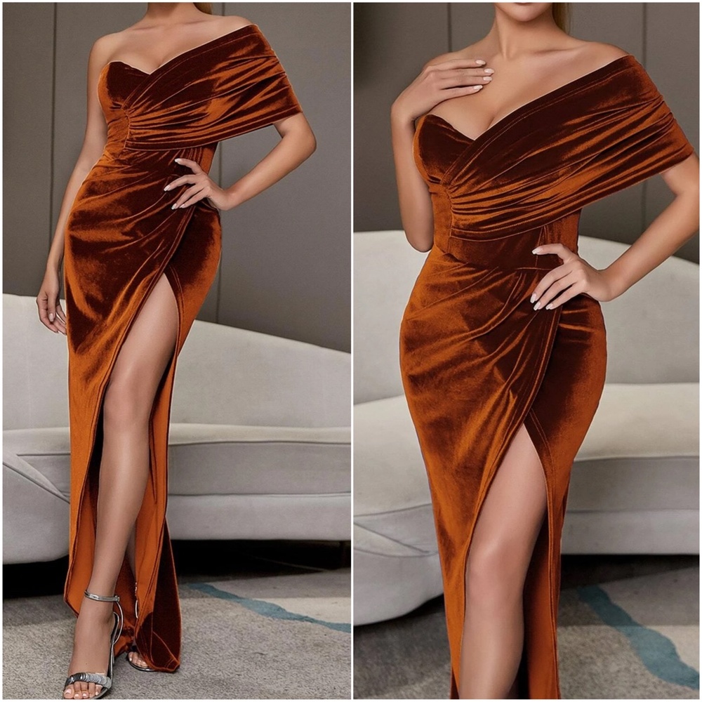 Glamorous Off-Shoulder Velvet Maxi Dress in Warm Brown